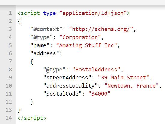 JavaScrip code example of Schema.org for a business