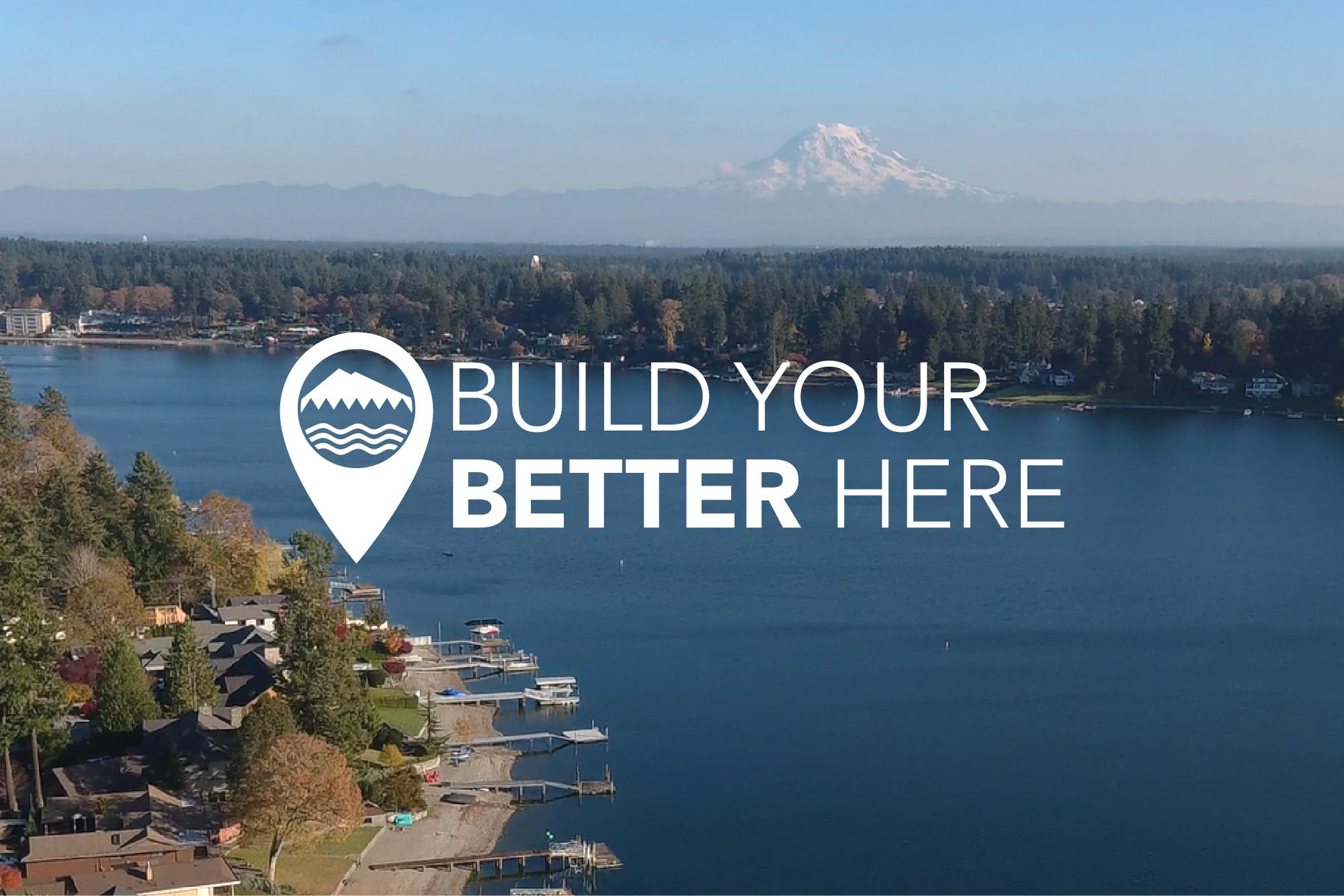 American Lake and Mt. Rainier with BYBH tagline and icon